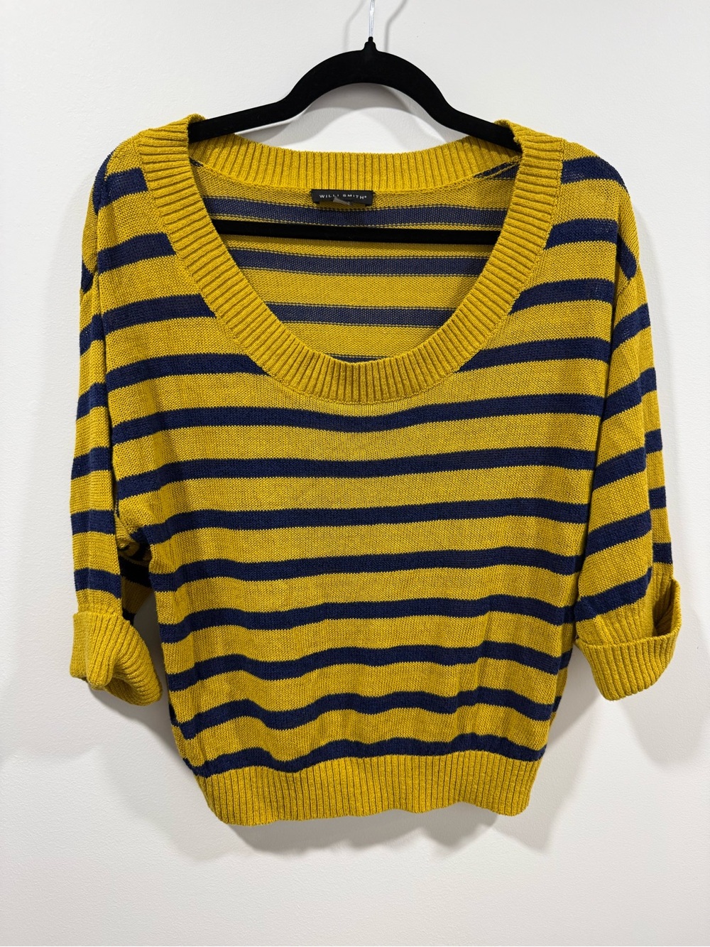 Willi Smith Mustard and Navy Striped Scoop Neck Sweater